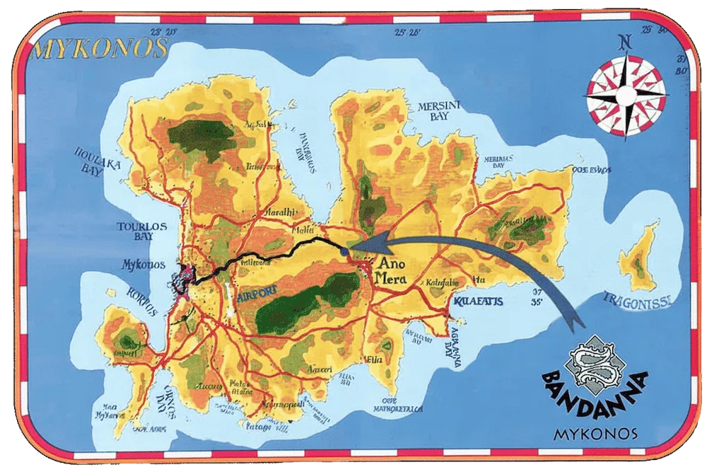 Map showing Bandanna Mykonos on Ano Mera Road